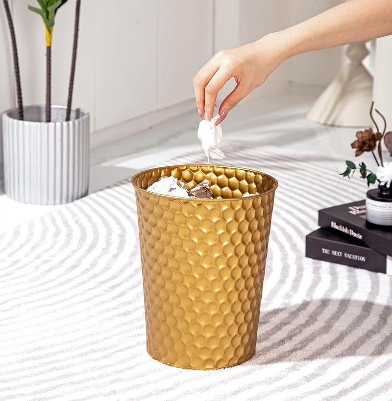 Venalys Small Metal Trash Can Wastebasket, Decorative Honeycomb Garbage Can Waste Basket, Modern Farmhouse Round Trash Bin for Bathroom, Bedroom, Kitchen and Office (Gold) - Image 2